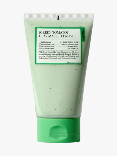 Green Tomato Clay Mask Cleanser green tube on light gray background