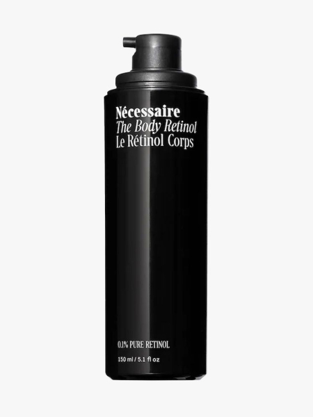 Nécessaire The Body Retinol in branded bottle component on a light gray background