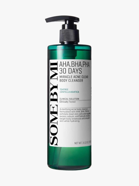 Some By Mi AHA-BHA-PHA 30 Days Miracle Acne Body Cleanser in branded component on a light gray background