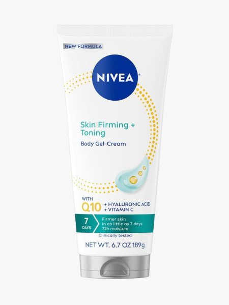 Nivea Skin Toning & Firming Body Gel-Cream in branded tube component on a light gray background
