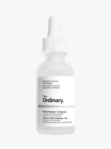 The Ordinary Multi-Peptide + Hyaluronic Acid in branded dropper component on a light gray background