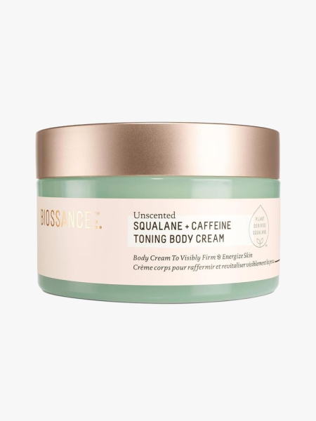 Biossance Squalane + Caffeine Toning Body Cream in branded tub component on a light gray background
