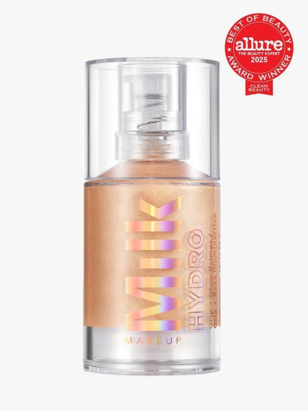 Milk Makeup Hydro Grip Glow Primer bottle of shimmery primer on light gray background with red Allure Best of Beauty Clean seal in the top right corner